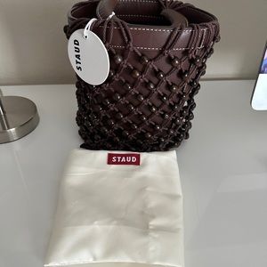 Staud beaded woven bucket bag brown